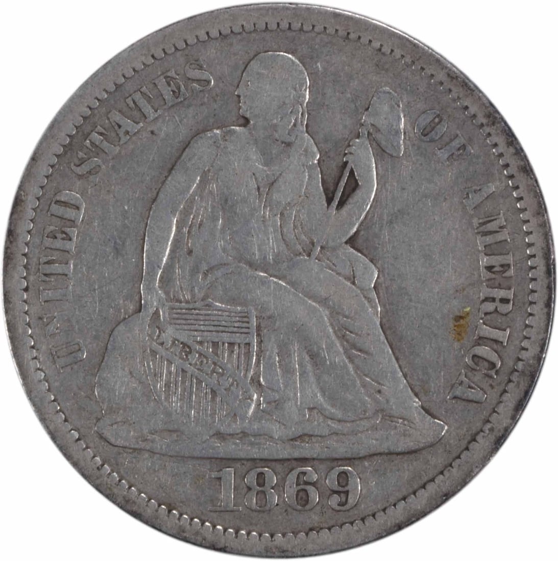 1869-S Liberty Seated Silver Dime VF Uncertified San Francisco Coin: 1869-S Liberty Seated Silver Dime VF Uncertified San Francisco Coin This 1869-S Liberty Seated Silver Dime is a captivating piece of American numismatic history. Struck in San Francisco, this coin fea