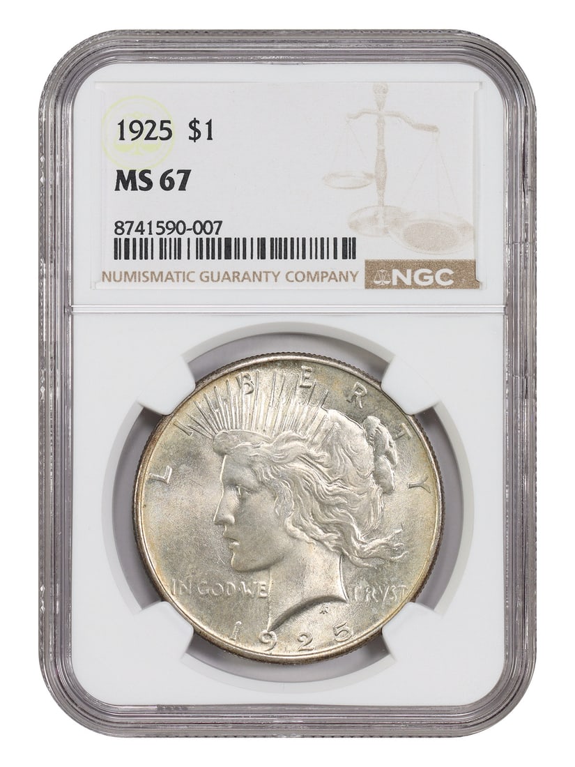 NGC MS67 1925 Peace Dollar $1 Uncirculated Philadelphia: NGC MS67 1925 Peace Dollar $1 Uncirculated Philadelphia 1925 Peace Dollar $1 certified by NGC and graded MS67. Minted in Philadelphia, this uncirculated coin is described as modestly toned with outsta