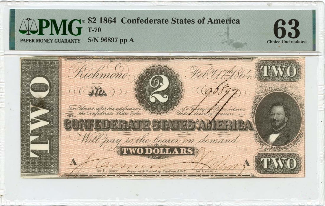 1864 Confederate States $2 Note PMG Certified MS63 (1 of 2)