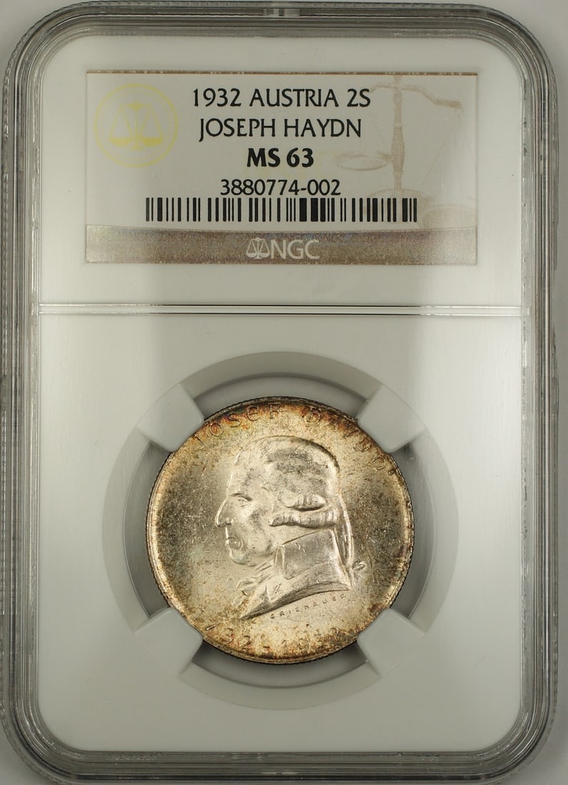 Austria 1932 Joseph Haydn 2 Schilling Silver NGC MS 63 (1 of 2)