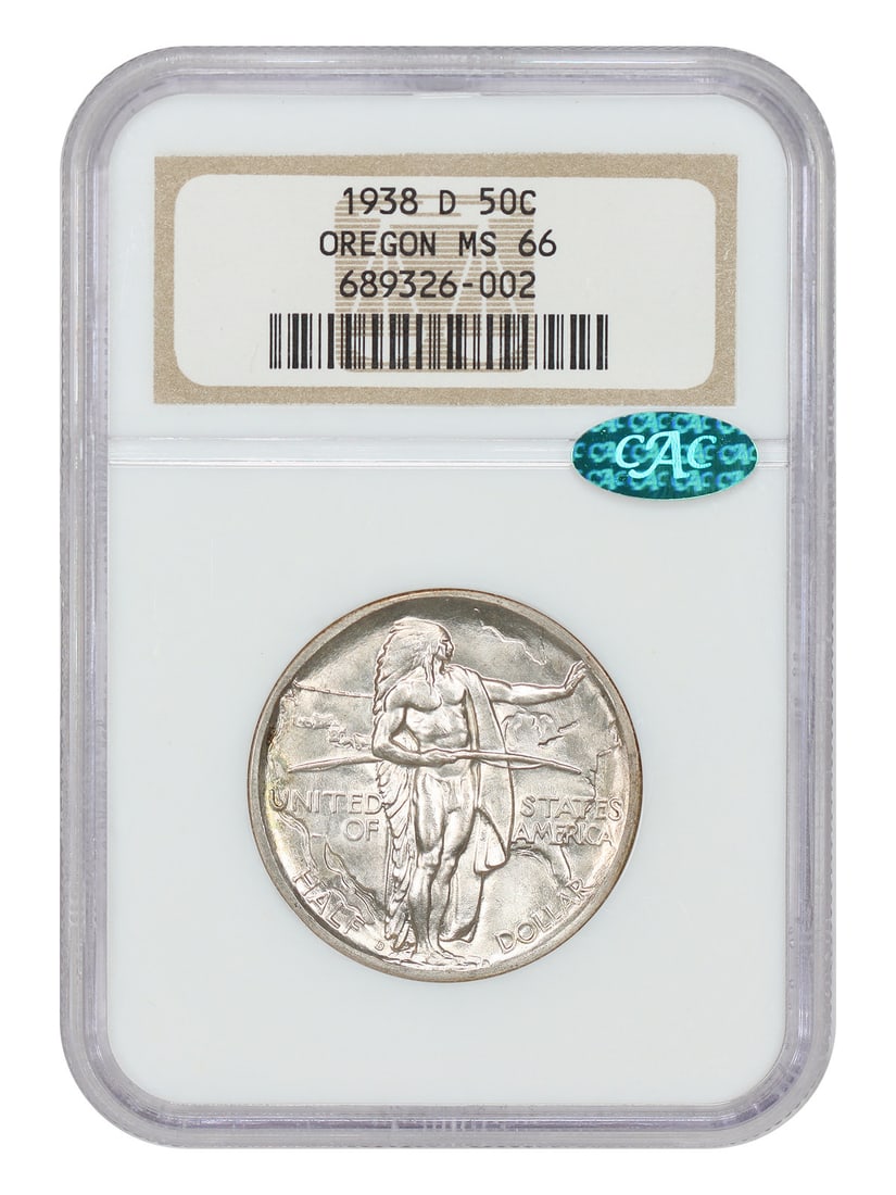 NGC CAC MS66 1938-D Oregon 50C Silver Commemorative: NGC CAC MS66 1938-D Oregon 50C Silver Commemorative 1938-D Oregon 50C Classic Silver Commemorative graded MS66 by NGC with CAC approval. This uncirculated Denver-mint coin is part of the Classic Silve