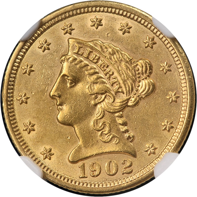 NGC Unc Details 1902 Liberty $2.50 Gold Coin with Strong Luster: NGC Unc Details 1902 Liberty $2.50 Gold Coin with Strong Luster This 1902 Liberty Gold $2.50 coin, certified by NGC, features attractive luster and a well-defined strike. The coin is uncirculated and 