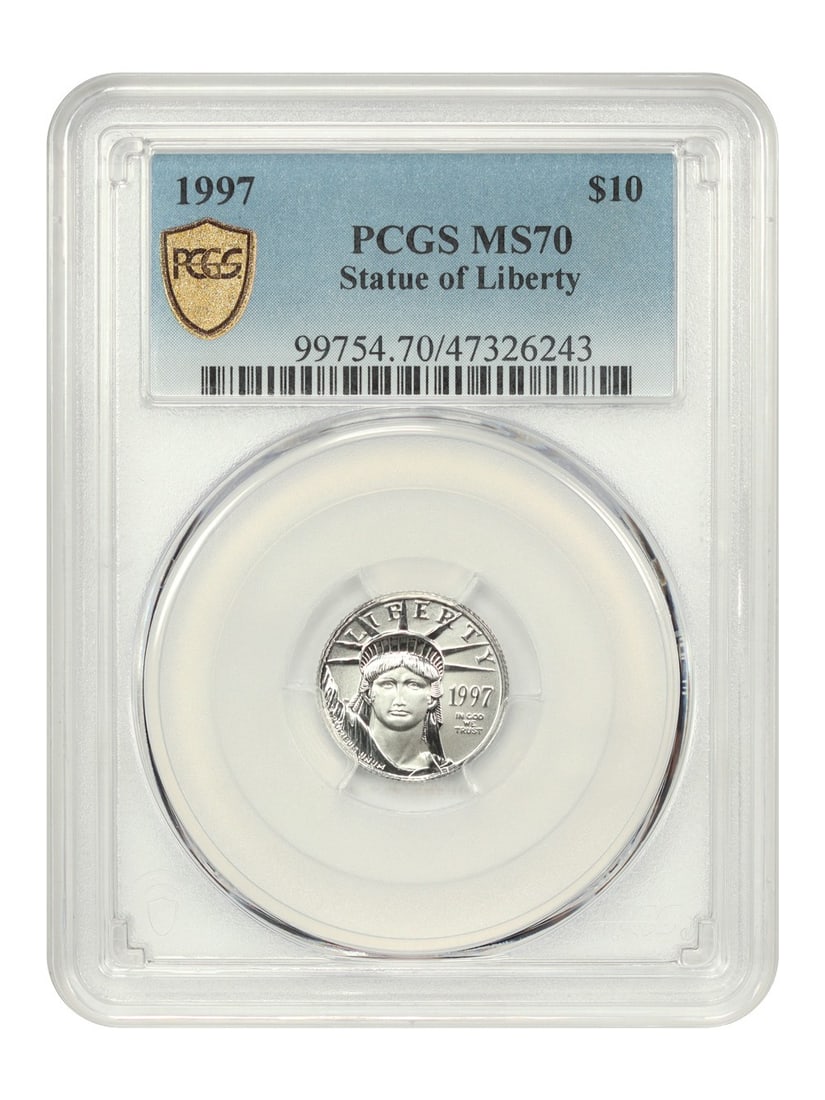 1997 $10 Platinum Eagle PCGS MS70 Uncirculated Coin: 1997 $10 Platinum Eagle PCGS MS70 Uncirculated Coin A 1997 $10 Statue of Liberty Platinum Eagle certified by PCGS and graded MS70. The coin is uncirculated and was struck at the Philadelphia Mint. Pre