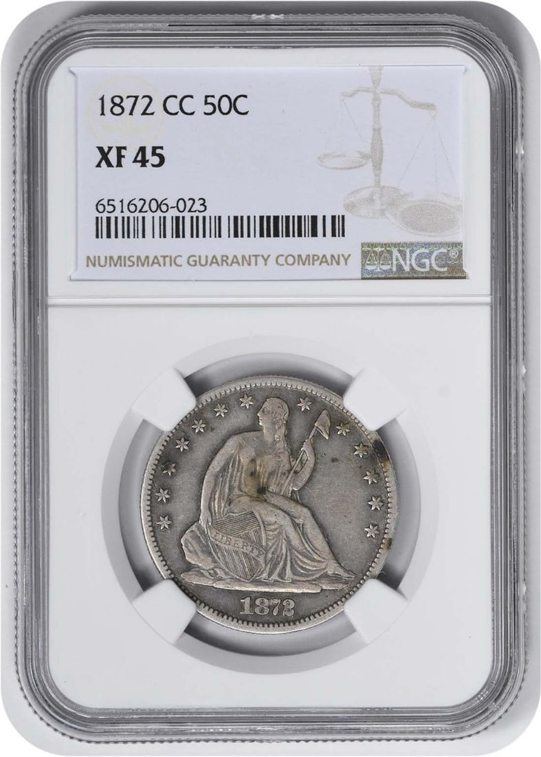 NGC EF45 1872 CC Seated Liberty Half Dollar 90 Silver: NGC EF45 1872 CC Seated Liberty Half Dollar 90 Silver This is an 1872 Liberty Seated Silver Half Dollar, minted in Carson City. The coin is composed of 90% silver and 10% copper, features a reeded edg