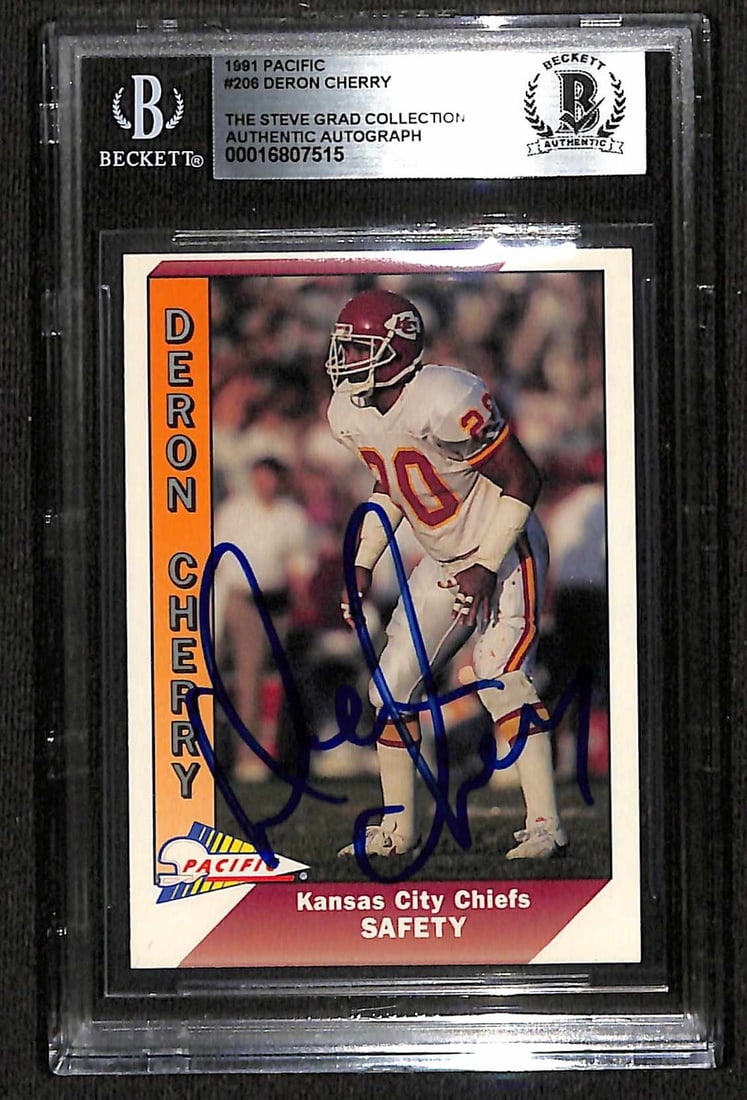 Autographed 1991 Pacific Football Card Deron Cherry Beckett Authenticated: Autographed 1991 Pacific Football Card Deron Cherry Beckett Authenticated This is an original 1991 Pacific #206 sports trading card featuring Kansas City Chiefs safety Deron Cherry. The card has been 
