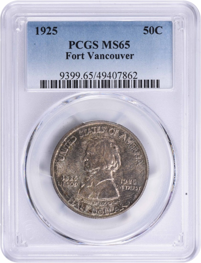 1925 Vancouver Commemorative Silver Half MS65 PCGS 90% Silver: 1925 Vancouver Commemorative Silver Half MS65 PCGS 90% Silver This 1925 Vancouver Commemorative Silver Half Dollar is a stunning addition to any coin collection. Graded MS65 by PCGS, this uncirculated