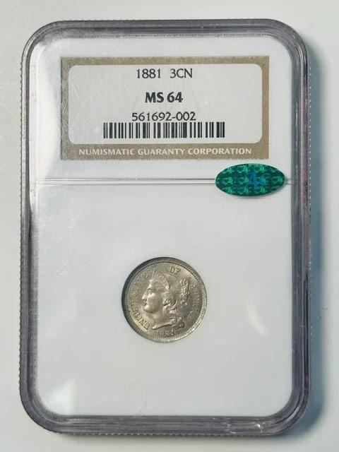 1881 USA 3 Cent Nickel Coin NGC MS-64 CAC (1 of 2)