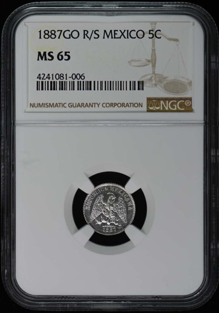 1887 Mexico 5 Cent Coin NGC MS65 Uncirculated: 1887 Mexico 5 Cent Coin NGC MS65 Uncirculated This 1887 Mexico 5 Centavos coin is certified by NGC with a grade of MS65, indicating it is in uncirculated condition. The coin, a fine example of Mexican
