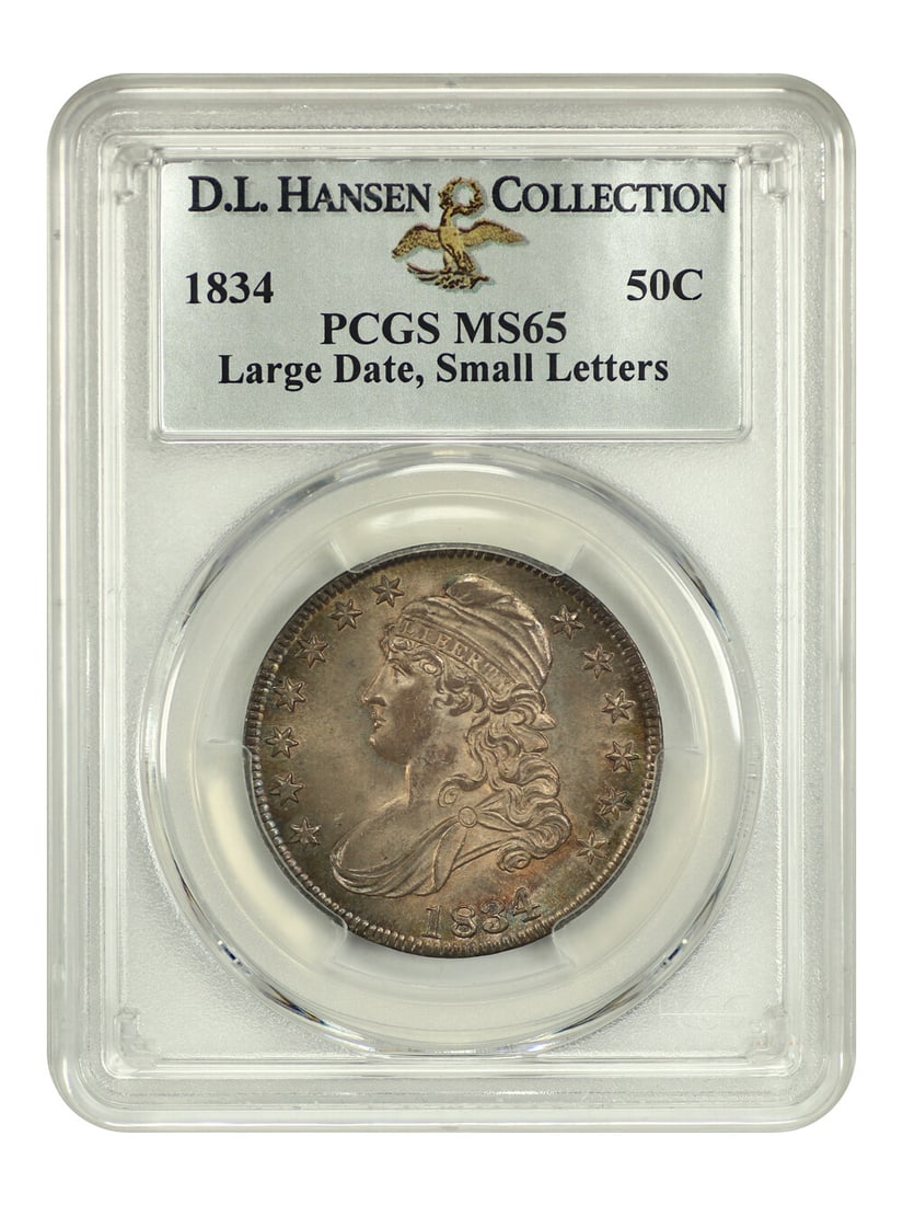PCGS MS65 1834 Capped Bust Half Dollar 50C Large Date Small Letters: PCGS MS65 1834 Capped Bust Half Dollar 50C Large Date Small Letters An 1834 Capped Bust Half Dollar graded PCGS MS65. This Philadelphia-minted 50C coin is identified as the Large Date, Small Letters v