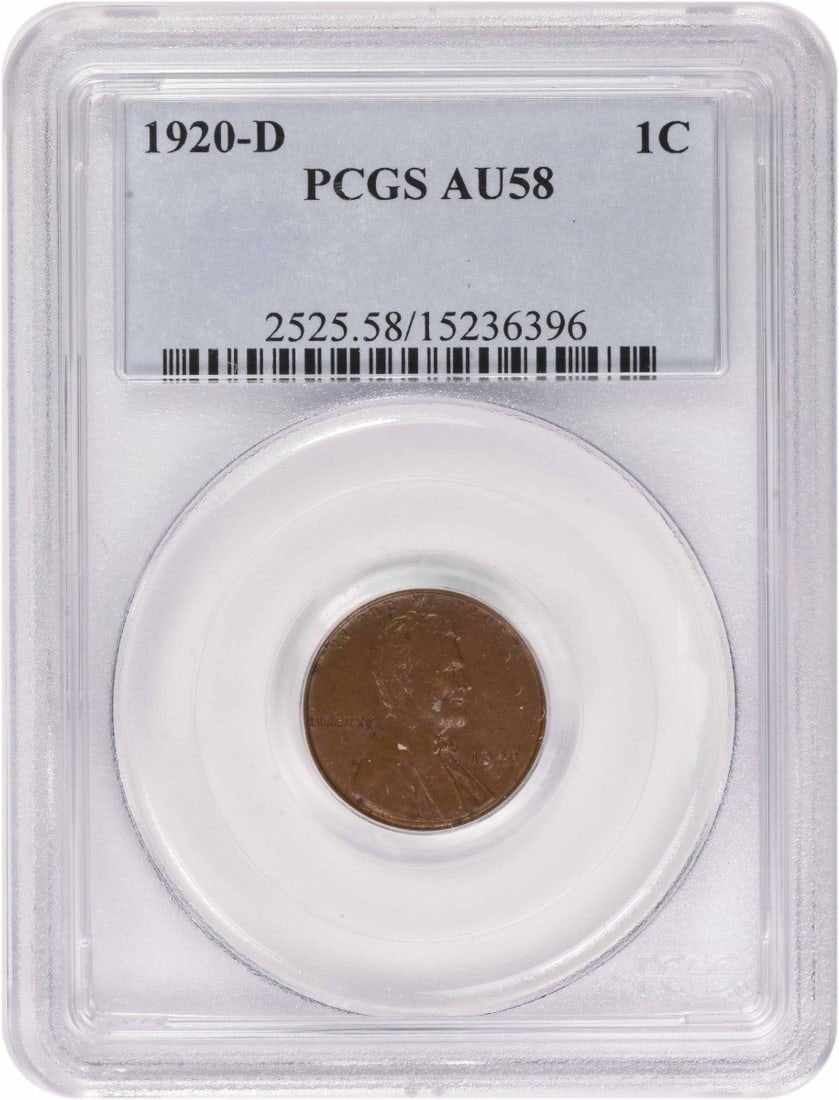 PCGS AU58 1920 D Lincoln Wheat Small Cent: PCGS AU58 1920 D Lincoln Wheat Small Cent A 1920-D Lincoln Wheat Cent certified by PCGS and graded AU58. This pre-owned coin is a circulated United States small cent struck in copper. Specifications C