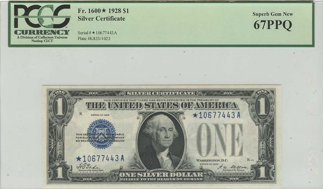 1928 $1 Silver Certificate Star FR 1600* PCGS MS67 PPQ Gem: 1928 $1 Silver Certificate Star FR 1600* PCGS MS67 PPQ Gem This 1928 $1 Silver Certificate Star (FR 1600*) is a remarkable piece certified by PCGS Currency. It boasts a grade of MS67, indicating its s