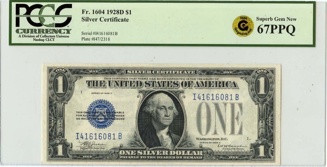 1928D $1 Silver Certificate Type 1604 PCGS MS67 PPQ Gold: 1928D $1 Silver Certificate Type 1604 PCGS MS67 PPQ Gold This 1928D $1 Silver Certificate (FR# 1604) is a remarkable piece of currency, graded by PCGS as Superb 67 PPQ. It features an uncirculated con