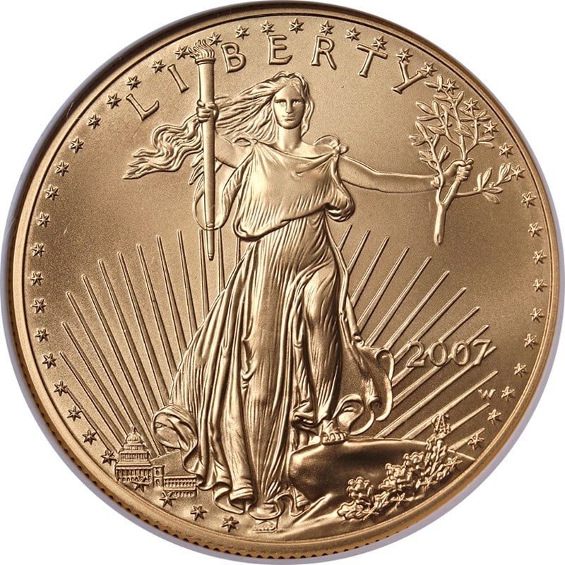 NGC MS70 Burnished 2007-W $50 Gold Eagle Brown Label Coin: NGC MS70 Burnished 2007-W $50 Gold Eagle Brown Label Coin This is a 2007-W Gold American Eagle $50 coin featuring the Burnished Brown Label, certified by NGC with a perfect MS70 grade. The coin is unc