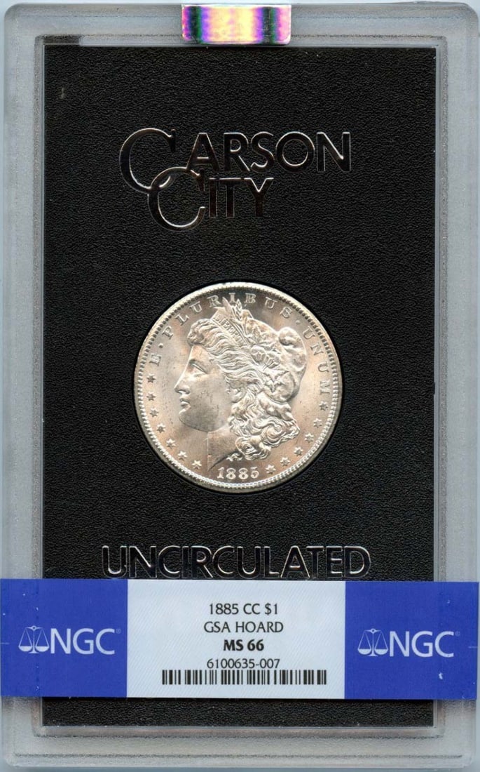 NGC MS66 1885 Carson City Morgan Dollar GSA Hoard Silver $1 Coin: NGC MS66 1885 Carson City Morgan Dollar GSA Hoard Silver $1 Coin This is an 1885-CC Morgan Dollar from the GSA Hoard, certified by NGC with a grade of MS66. The coin was minted in Carson City and rema