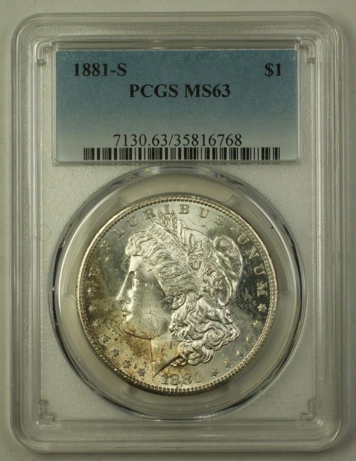 PCGS MS63 1881-S Morgan Silver Dollar: PCGS MS63 1881-S Morgan Silver Dollar This is an 1881 Morgan Silver Dollar coin from the United States, minted in San Francisco. The coin is certified by PCGS with a grade of MS 63, indicating it is i