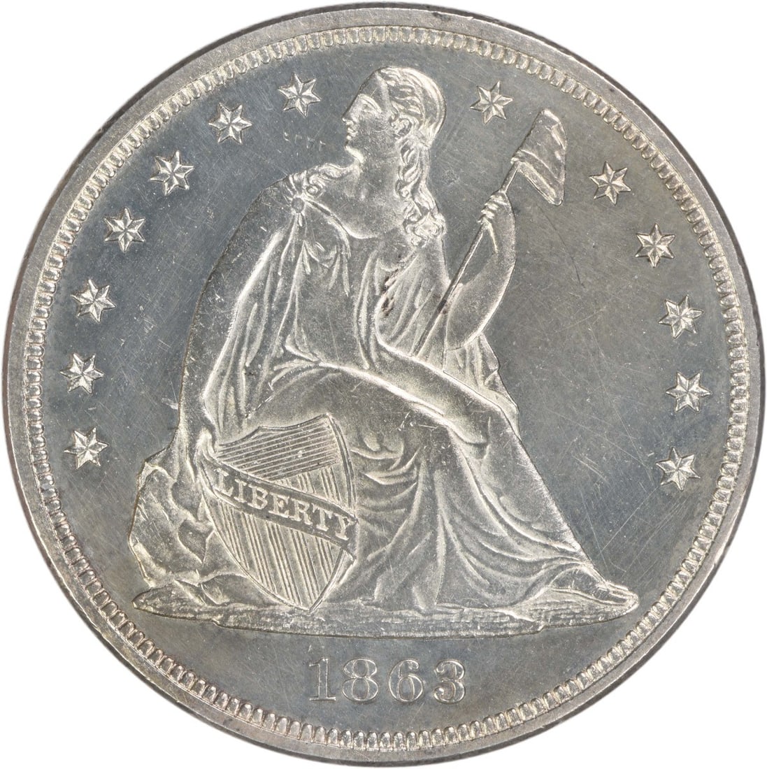 1863 Seated Liberty Silver Dollar $1 BU Uncertified: 1863 Seated Liberty Silver Dollar $1 BU Uncertified 1863 Seated Liberty silver dollar coin from the Philadelphia Mint. The coin is described as uncertified and pre-owned, with a BU grade noted in the 