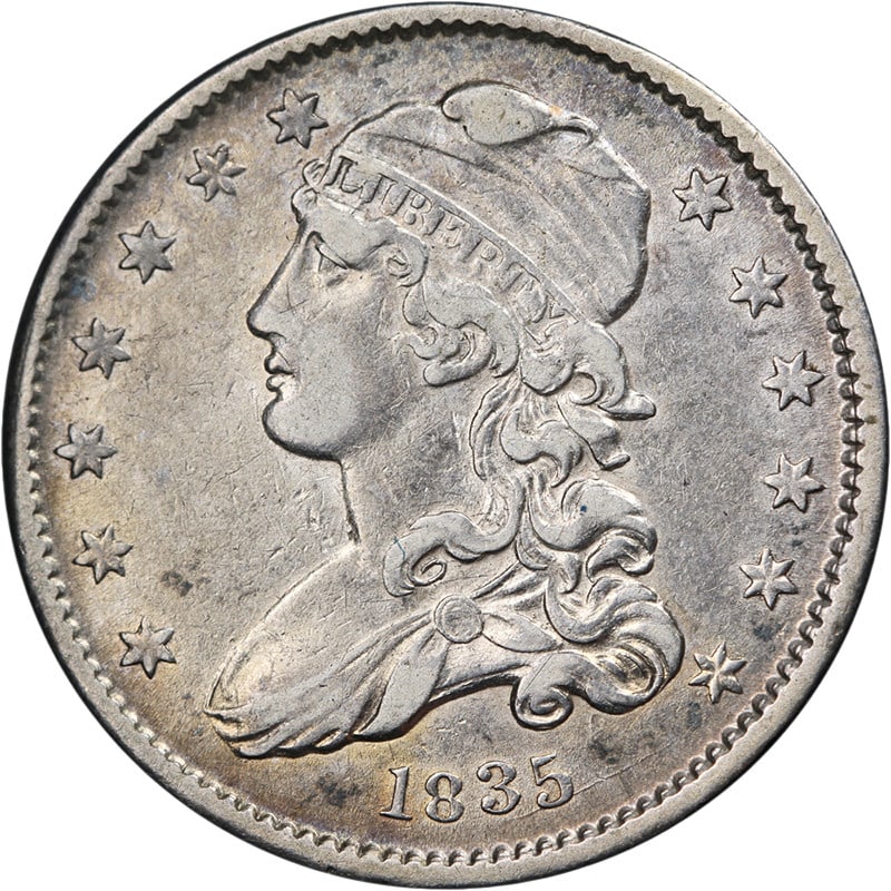 1835 United States Silver Bust Quarter XF AU: 1835 United States Silver Bust Quarter XF AU This original 1835 Bust Quarter from the United States is composed of 90% silver and is in circulated condition. Graded as Choice XF/AU, it features great 
