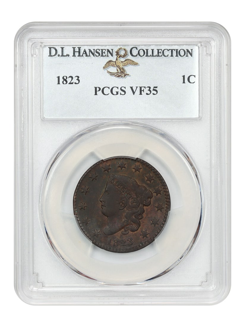 PCGS VF35 1823 Coronet Head Cent 1C ex D.L. Hansen: PCGS VF35 1823 Coronet Head Cent 1C ex D.L. Hansen An 1823 Coronet Head Cent graded PCGS VF35 with BN designation. This circulated Philadelphia issue is a key date in the Large Cent series and is desc