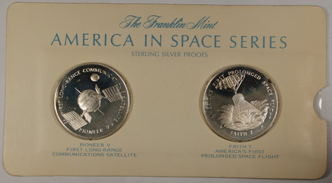 Set of 2 America in Space Sterling Silver Proof Medals: Set of 2 America in Space Sterling Silver Proof Medals This set features two sterling silver proof medals from the America in Space Series, commemorating Pioneer V and Faith 7. Produced in the United 
