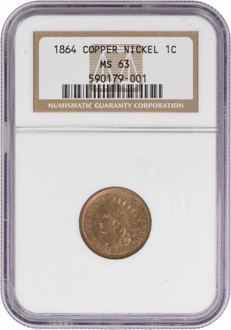 NGC MS63 1864 Indian Head Copper Small Cent: NGC MS63 1864 Indian Head Copper Small Cent This 1864 Indian Head Cent is composed of copper-nickel and has been certified by NGC with an MS63 grade. The coin is uncirculated and originates from the U