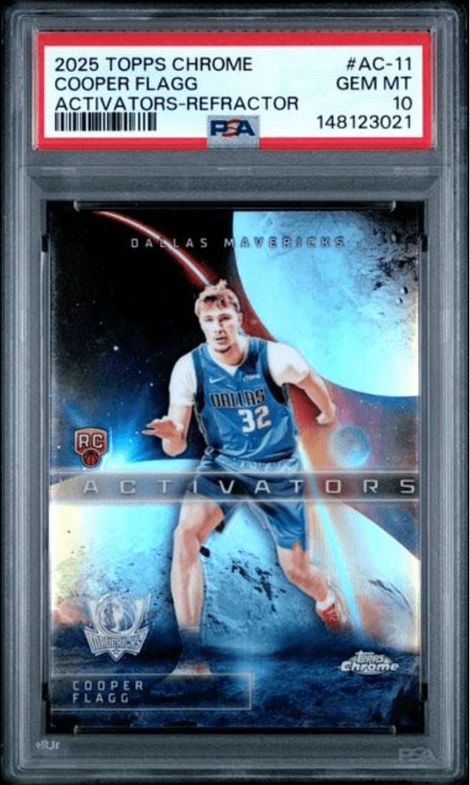 2025 Topps Chrome AC11 Cooper Flagg Activators Refractor PSA 10 Card: 2025 Topps Chrome AC11 Cooper Flagg Activators Refractor PSA 10 Card This is a 2025 Topps Chrome basketball trading card featuring Cooper Flagg, card number AC11, with an Activators Refractor finish. 