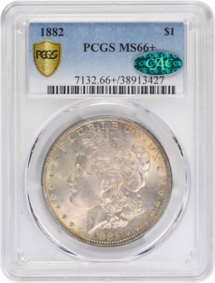 PCGS CAC 1882 Morgan Dollar MS66+ Philadelphia Silver: PCGS CAC 1882 Morgan Dollar MS66+ Philadelphia Silver This 1882 Morgan Silver Dollar was struck in Philadelphia and is composed of 90% silver and 10% copper. Certified by PCGS with a grade of MS66, th