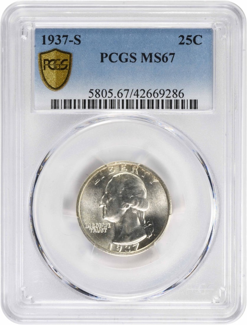 MS67 PCGS 1937-S Washington Quarter 90 Percent Silver San Francisco Mint: MS67 PCGS 1937-S Washington Quarter 90 Percent Silver San Francisco Mint This 1937-S Washington Quarter is composed of 90% silver and 10% copper and was minted in San Francisco. Certified by PCGS with