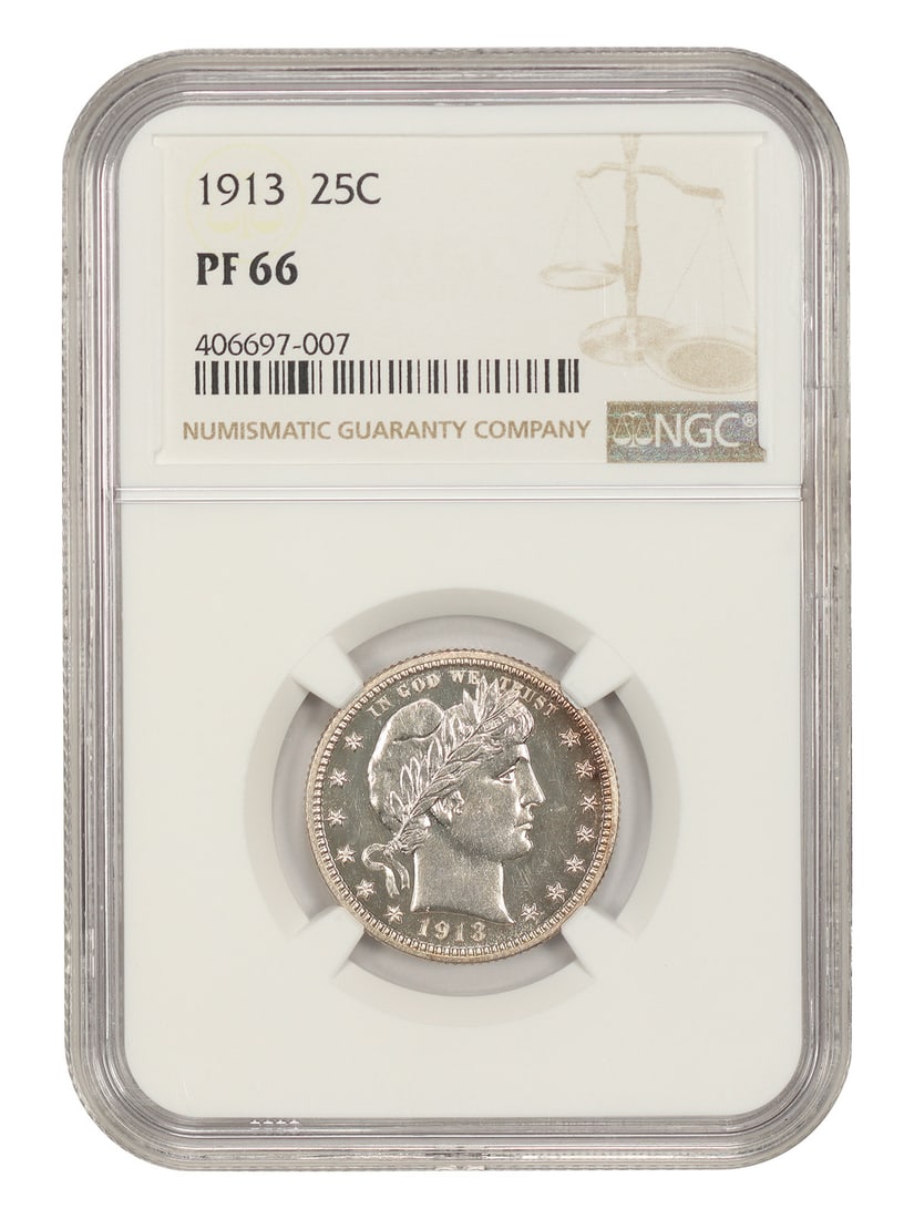 NGC PR66 1913 Barber Quarter 25C Low Mintage Proof: NGC PR66 1913 Barber Quarter 25C Low Mintage Proof 1913 Barber Quarter graded PR66 by NGC. This uncirculated Philadelphia issue is a low mintage proof with just 613 coins struck. Certification number 
