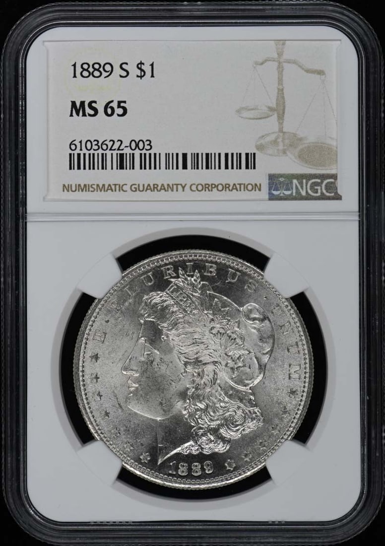 1889-S Morgan Dollar NGC MS65 Uncirculated San Francisco: 1889-S Morgan Dollar NGC MS65 Uncirculated San Francisco This 1889-S Morgan Dollar is a stunning example of American coinage, graded MS65 by NGC, indicating its uncirculated condition. Minted in San F