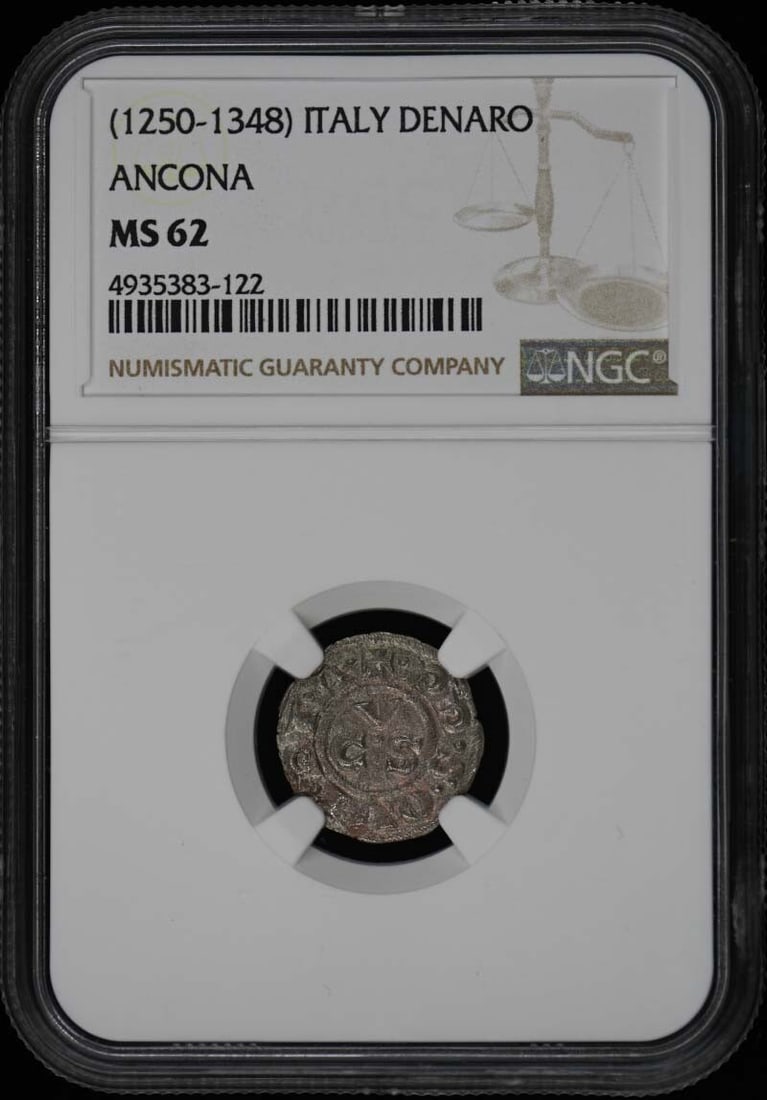 Uncirculated Ancona Denaro Coin 1250-1348 NGC MS62 Certified: Uncirculated Ancona Denaro Coin 1250-1348 NGC MS62 Certified This uncirculated Ancona Denaro from Italy, dating back to the period of 1250-1348, is a remarkable piece for collectors. It has been certi