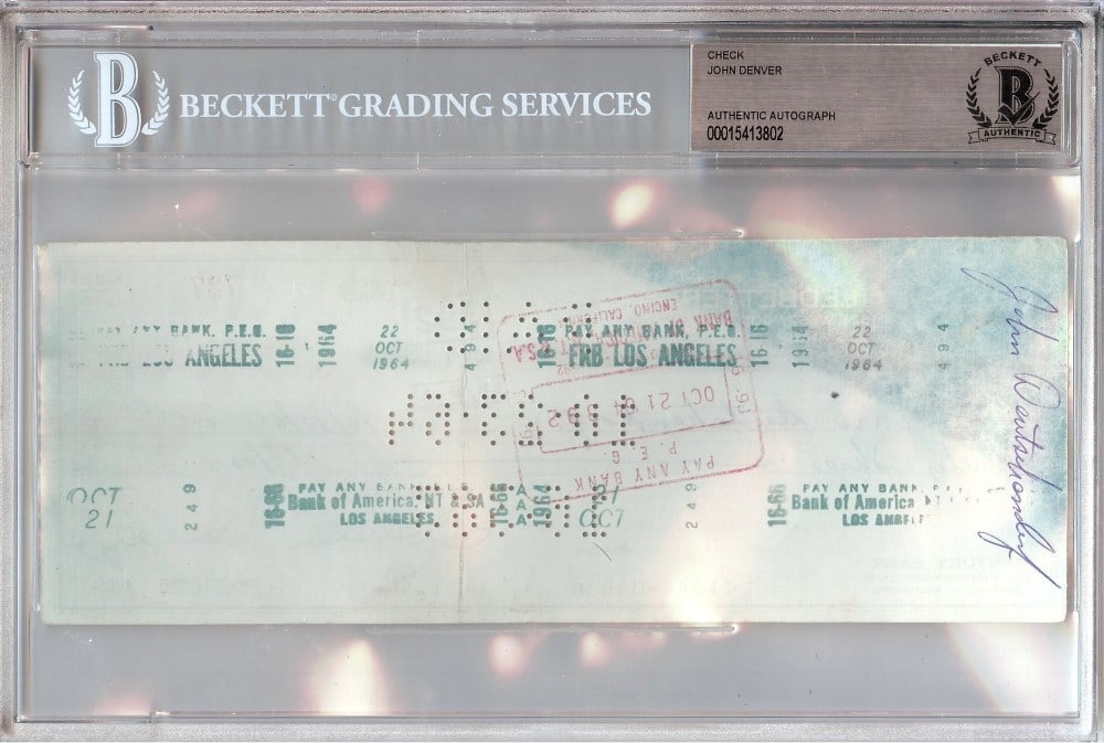 Beckett Authenticated John Denver Signed Bank Check (1 of 2)