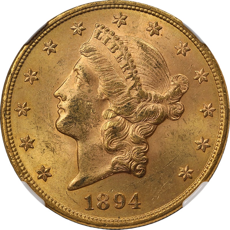 1894 P Liberty Head $20 Gold Coin NGC MS62: 1894 P Liberty Head $20 Gold Coin NGC MS62 1894-P Liberty Gold $20 coin certified by NGC and graded MS62. It is described as uncirculated and noted for its nice eye appeal, nice luster, nice strike, n
