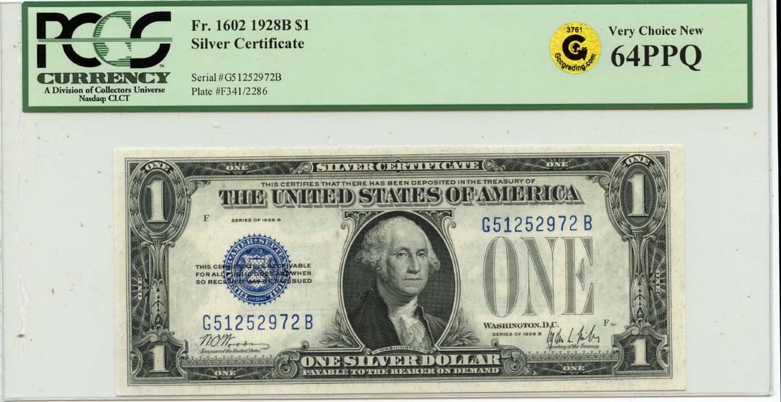 PCGS Certified 1928B One Dollar Silver Certificate Fr 1602 CU 64 PPQ: PCGS Certified 1928B One Dollar Silver Certificate Fr 1602 CU 64 PPQ This 1928B $1 Silver Certificate is certified by PCGS Currency with a grade of MS64 and a PPQ (Premium Paper Quality) designation. 