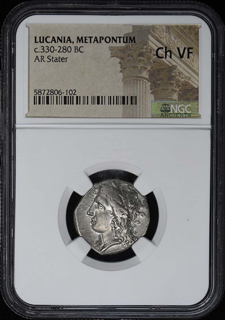 Ancient Lucania Metapontum AR Stater NGC Certified Ch VF: Ancient Lucania Metapontum AR Stater NGC Certified Ch VF This ancient silver stater from Lucania, Metapontum, dates to approximately 330-280 BC. Certified by NGC with a grade of Choice Very Fine (Ch V