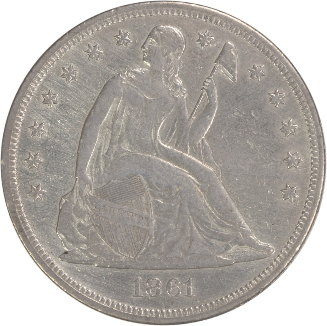 1861 Seated Liberty $1 Silver Dollar Uncertified EF: 1861 Seated Liberty $1 Silver Dollar Uncertified EF This 1861 Liberty Seated Silver Dollar is an example of the classic Seated Liberty design by Christian Gobrecht. Struck at the Philadelphia Mint, th
