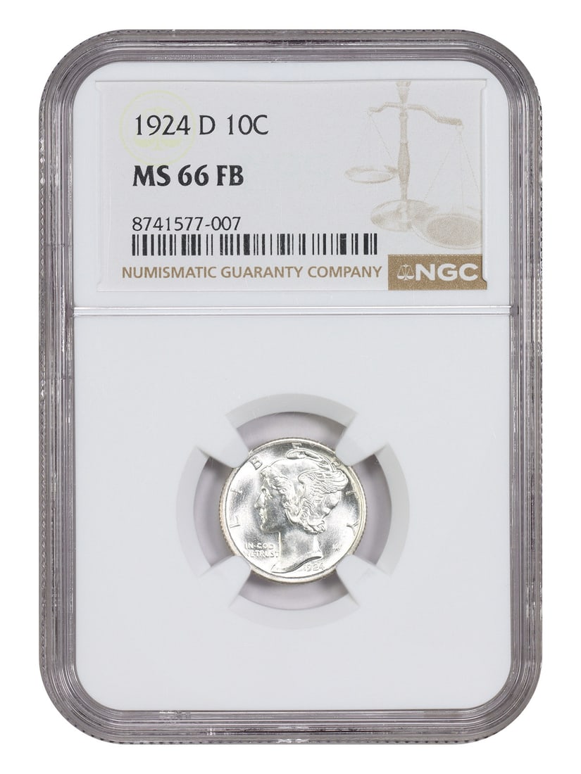 NGC MS66FB 1924-D Mercury Dime 10C Uncirculated: NGC MS66FB 1924-D Mercury Dime 10C Uncirculated 1924-D Mercury Dime graded MS66FB by NGC. This uncirculated coin has tactile frost and blast white surfaces, and is described as scarce at this level of