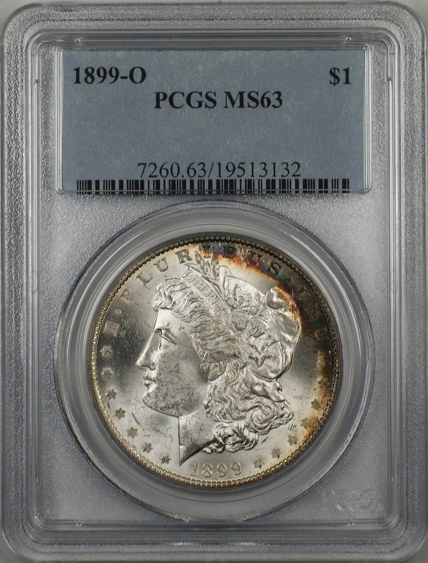 PCGS MS-63 1899-O Morgan Dollar Silver Coin with Rim Toning: PCGS MS-63 1899-O Morgan Dollar Silver Coin with Rim Toning This 1899-O Morgan Silver Dollar is a $1 coin graded MS-63 by PCGS. It was minted in New Orleans and features rim toning. The coin is compos