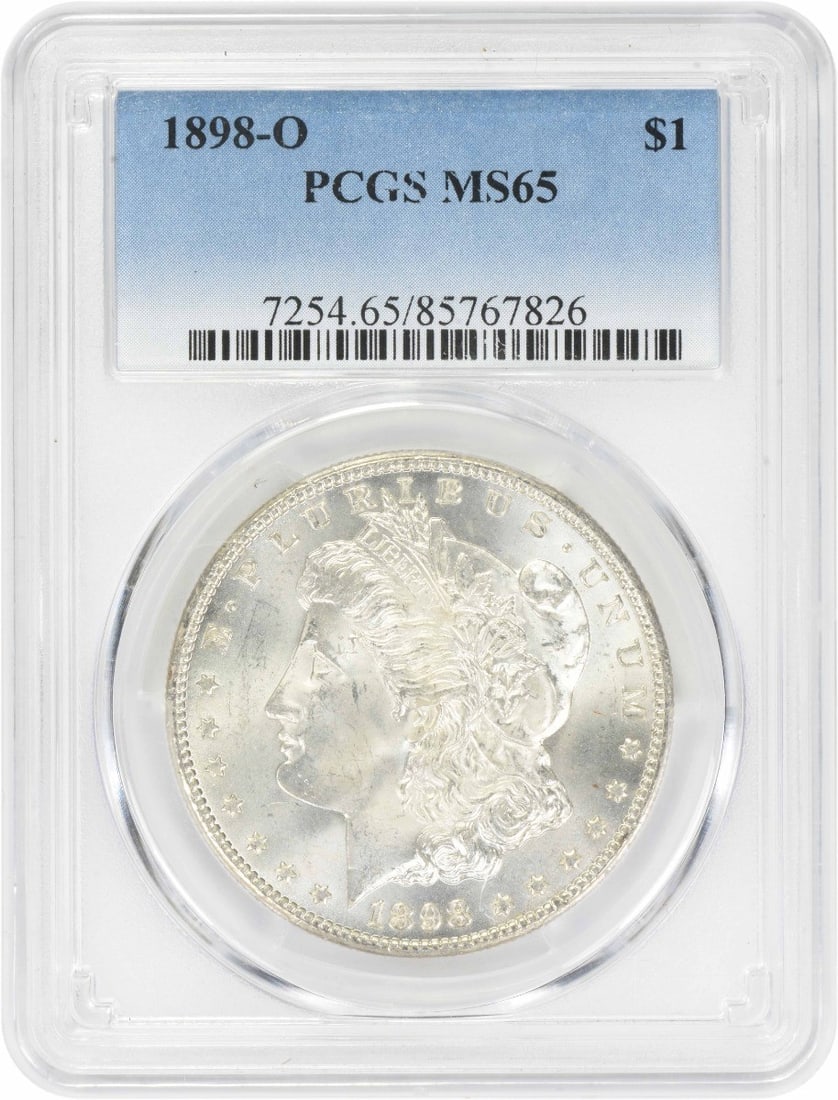 1898-O Morgan Silver Dollar PCGS MS65 Uncirculated Coin: 1898-O Morgan Silver Dollar PCGS MS65 Uncirculated Coin The 1898-O Morgan Silver Dollar is a prized collectible, showcasing the artistry of designer George T. Morgan. This uncirculated coin is certifi