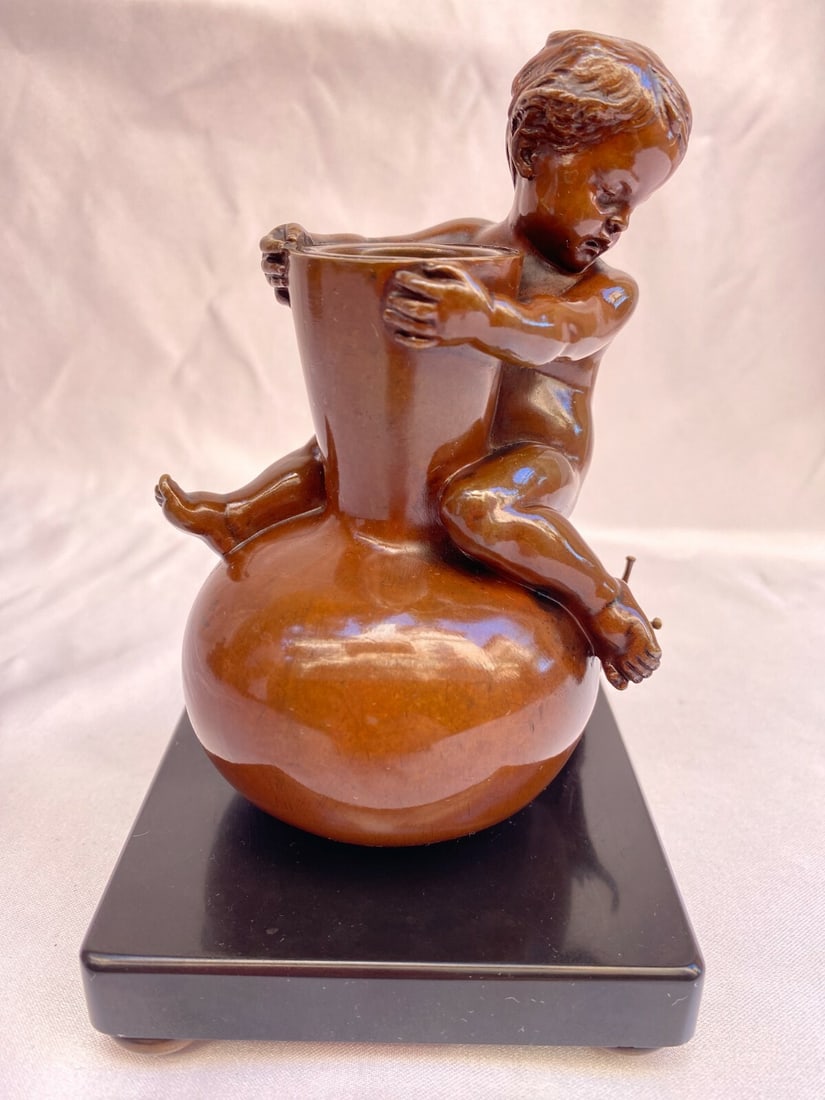 1877 Bronze Statue Boy and Snail by Ernest L. Barrias: 1877 Bronze Statue Boy and Snail by Ernest L. Barrias This exquisite 1877 French bronze statue depicts a boy in a moment of surprise at a snail, crafted by the renowned artist Ernest Louis Barrias, bo