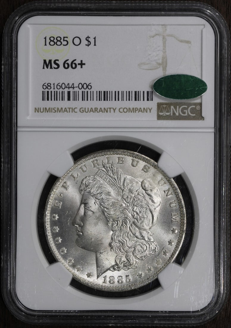 1885-O Morgan Silver Dollar MS66+ CAC Certified Gem Coin: 1885-O Morgan Silver Dollar MS66+ CAC Certified Gem Coin This stunning 1885-O Morgan Silver Dollar is graded MS66+ by NGC and features CAC certification, ensuring its status as a super gem. The coin i