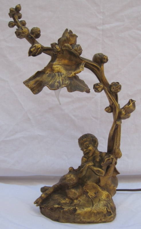 1900 French Art Nouveau Bronze Lamp by Raoul Larche: 1900 French Art Nouveau Bronze Lamp by Raoul Larche This exquisite 1900 French Art Nouveau bronze lamp, crafted by renowned artist Raoul Larche, showcases stunning floral details and features a charmi