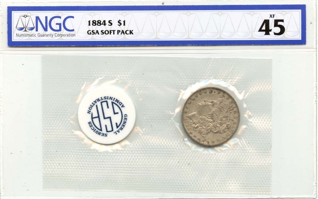 NGC XF45 1884 San Francisco Morgan Silver Dollar GSA Soft Pack: NGC XF45 1884 San Francisco Morgan Silver Dollar GSA Soft Pack This 1884-S Morgan Dollar features an XF45 grade from NGC and was minted in San Francisco. It is a circulated coin, presented in a GSA so