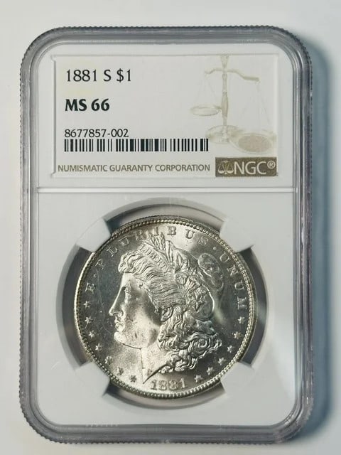 NGC MS-66 1881 S Morgan Silver Dollar: NGC MS-66 1881 S Morgan Silver Dollar 1881 Morgan Silver Dollar certified by NGC and graded MS 66. This pre-owned coin is composed of silver and has a denomination of one dollar. It was minted in the 