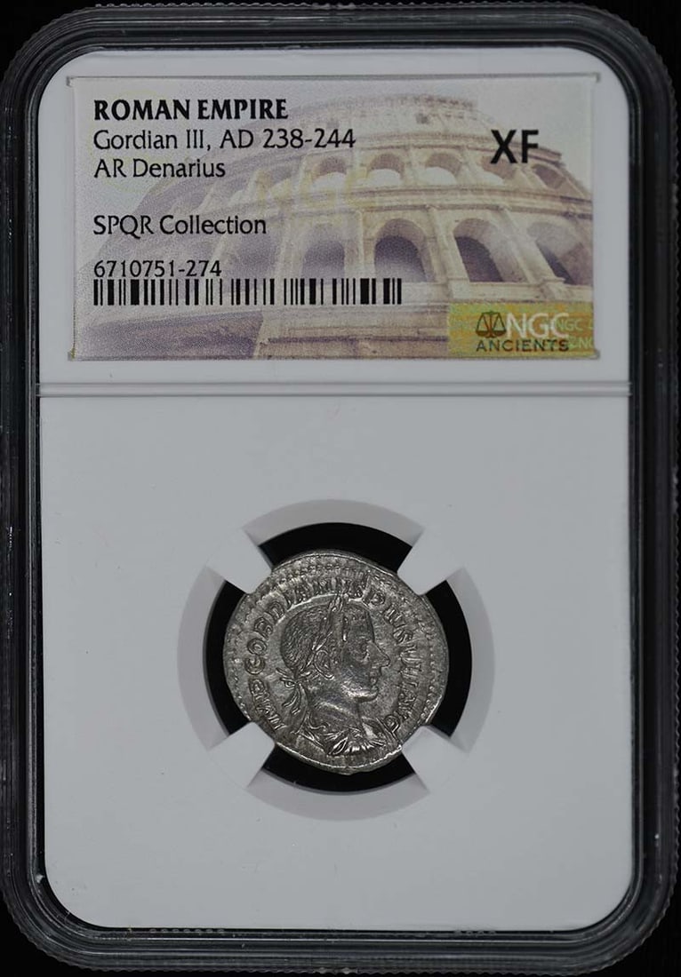NGC XF40 Ancient Roman Denarius Coin of Gordian III: NGC XF40 Ancient Roman Denarius Coin of Gordian III This ancient Roman AR Denarius features the reign of Gordian III, who ruled from AD 238 to 244. The coin has been certified by NGC and is graded XF4