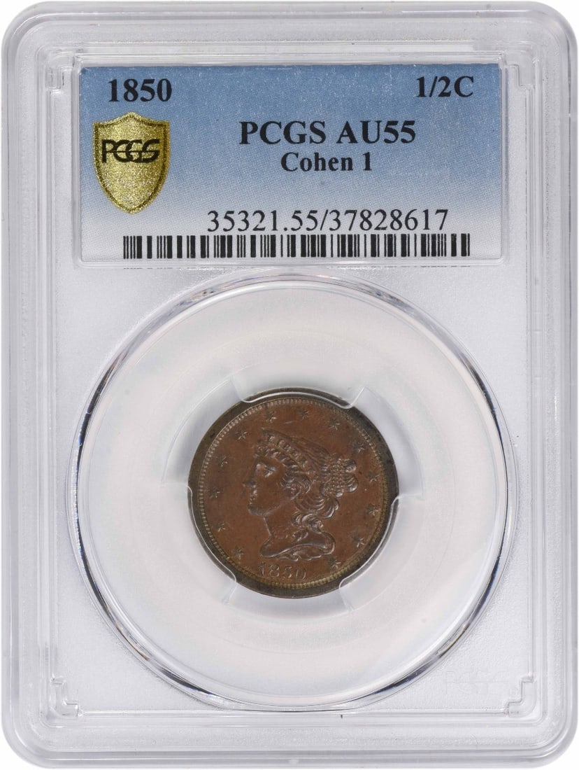 PCGS AU55 1850 Braided Hair Half Cent Copper: PCGS AU55 1850 Braided Hair Half Cent Copper This is an 1850 Braided Hair Half Cent coin from the United States, graded AU55 by PCGS. Made of copper, this pre-owned coin features the Braided Hair desi