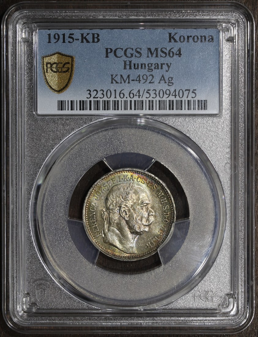 Hungary Franz Joseph 1 Corona Silver PCGS MS64 Rainbow Toned 1915-KB (1 of 3)