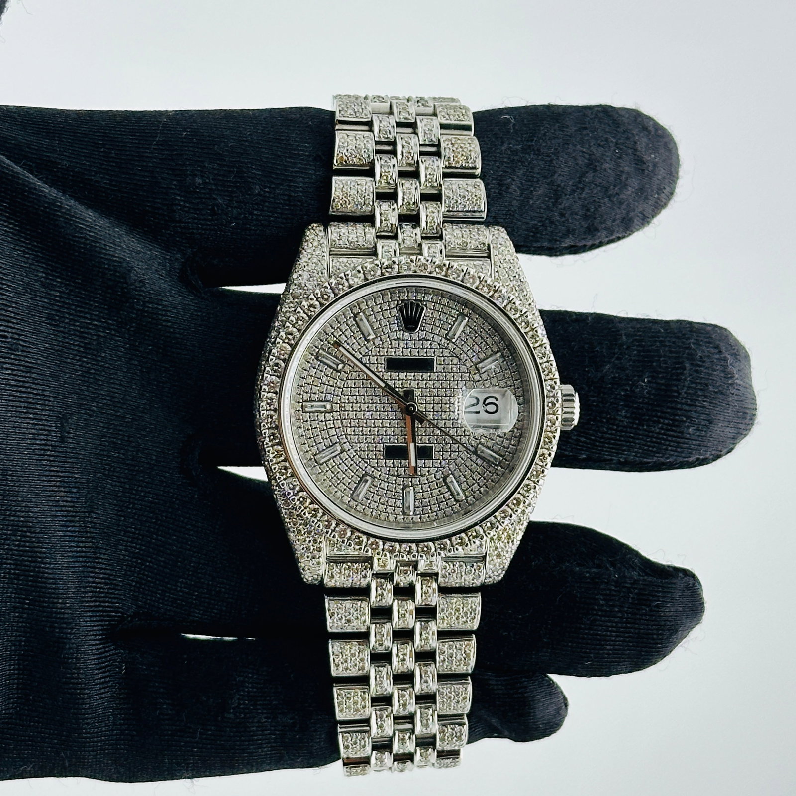 Rolex Datejust Ref 126300 Aftermarket Diamond Dial Bezel Bracelet 2017 With Card: Rolex Datejust Ref 126300 Aftermarket Diamond Dial Bezel Bracelet 2017 With Card This Rolex Datejust features an iced out Arabic dial, complemented by a prong-set diamond bezel and a Jubilee bracelet,