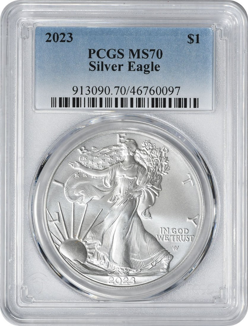 PCGS MS70 2023 American Silver Eagle 1 oz: PCGS MS70 2023 American Silver Eagle 1 oz This 2023 American Silver Eagle coin is graded MS70 by PCGS, representing a top-quality, pre-owned collectible. Struck by the U.S. Mint at West Point, it cont