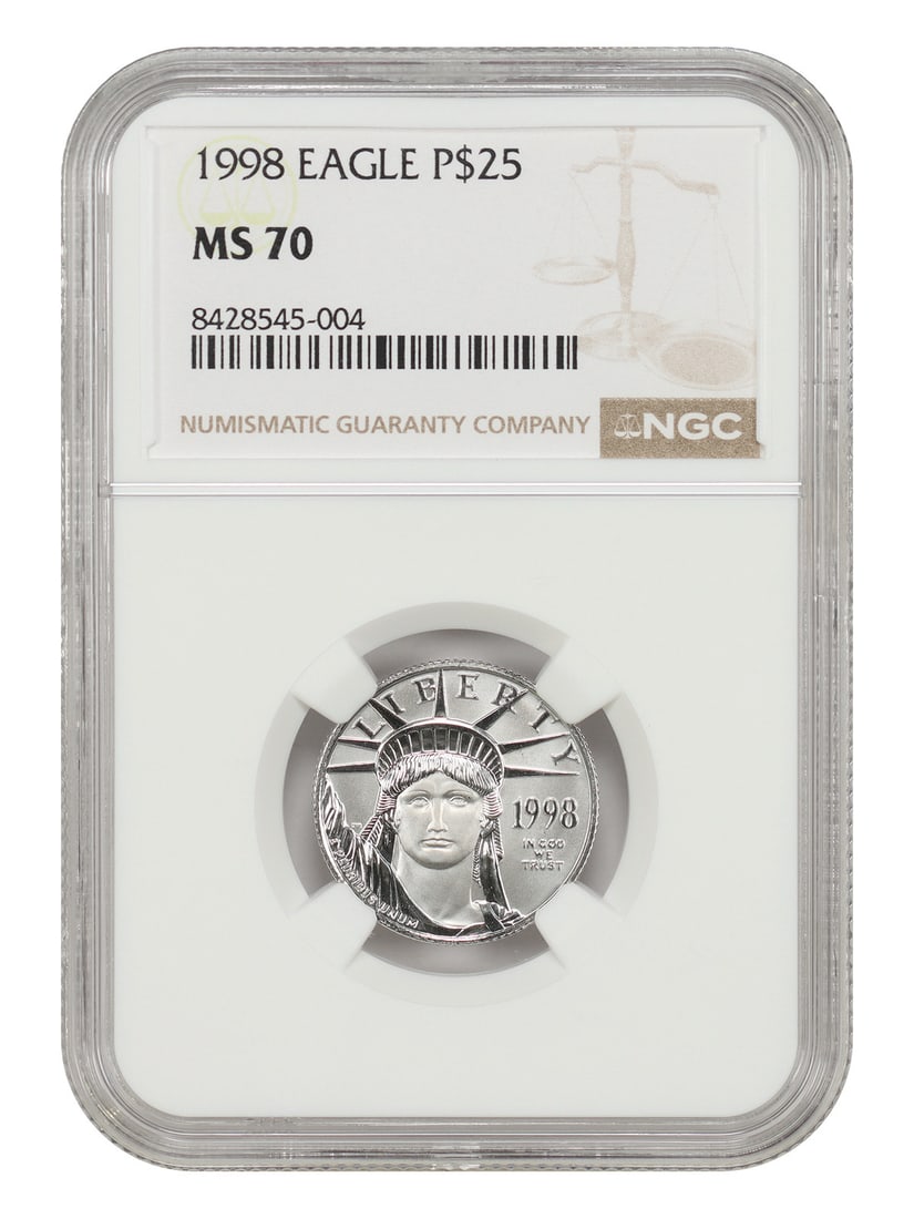 1998 NGC MS70 $25 Platinum Eagle Statue of Liberty Coin: 1998 NGC MS70 $25 Platinum Eagle Statue of Liberty Coin 1998 $25 Statue of Liberty Platinum Eagle coin certified by NGC and graded MS70. It is an uncirculated Philadelphia issue from the Platinum Eagl