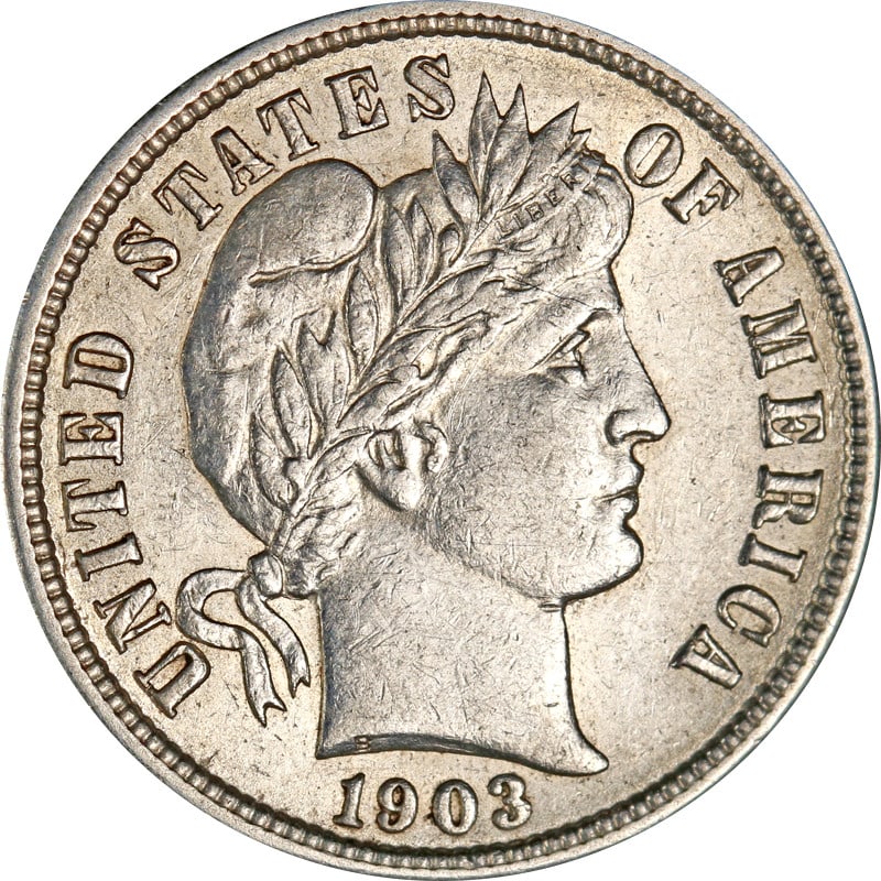1903-O Silver Barber Ten Cent Coin: 1903-O Silver Barber Ten Cent Coin This is a 1903-O Barber Dime from the United States, composed of 90% silver. The coin is circulated and is in pre-owned condition. It is uncertified and was minted i